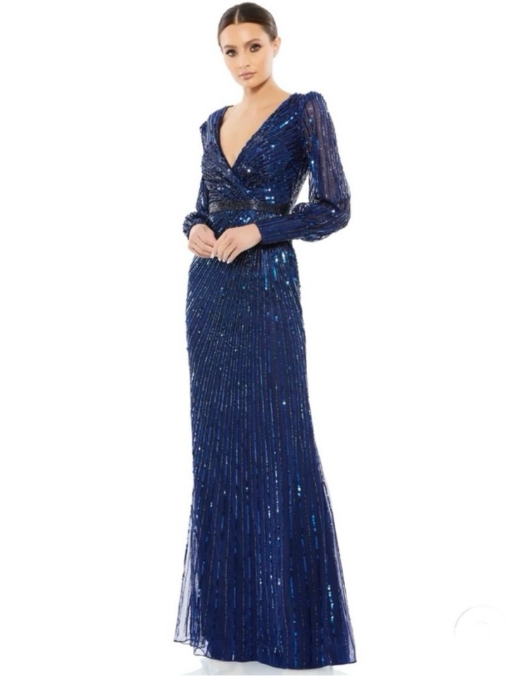 MAC DUGGAL Sequined Wrap Over Bishop Sleeve Gown NEW Size 10 Midnight Blue Dress